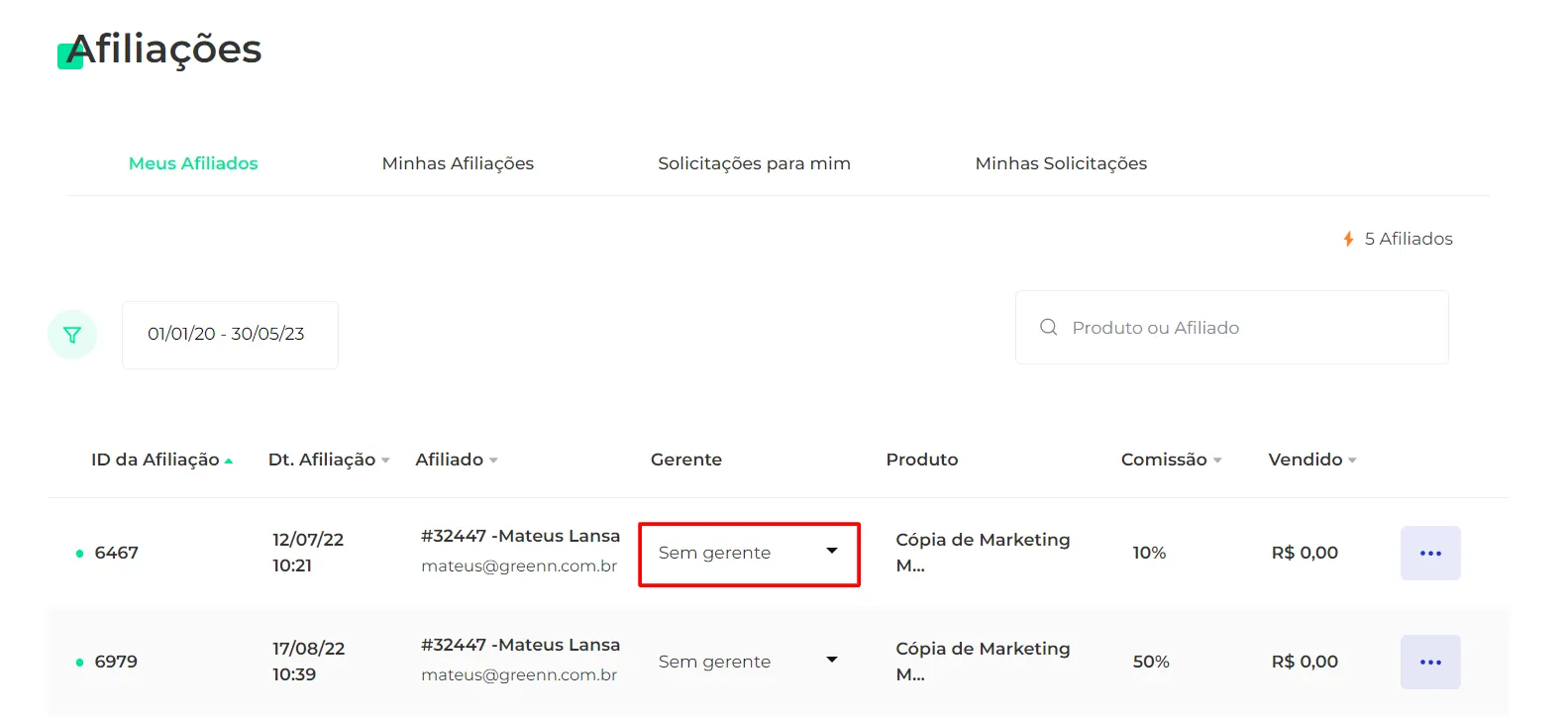Lista de afiliados com o botão Sem Gerente