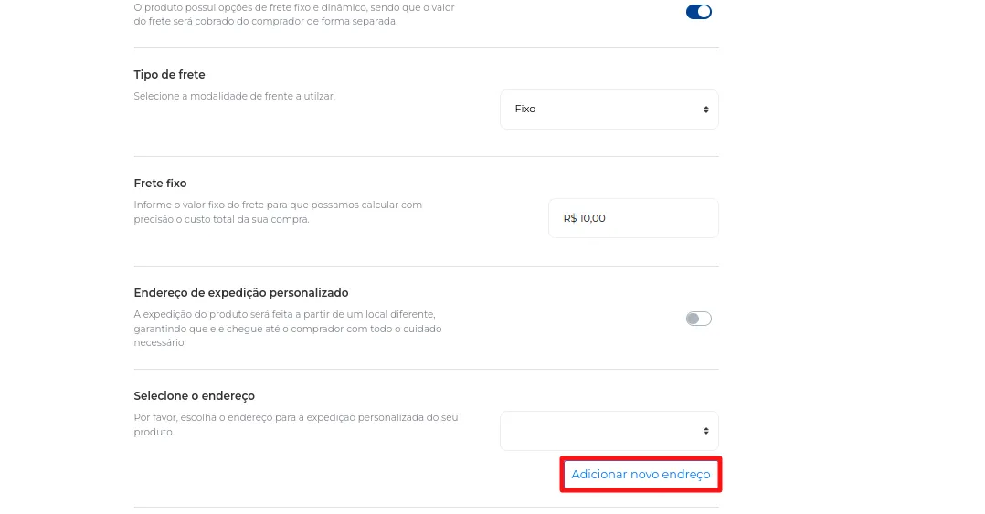 Botão Adicionar novo Endereço