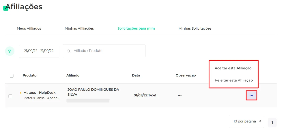 Lista de solicitações com os botões Aprovar e Reprovar