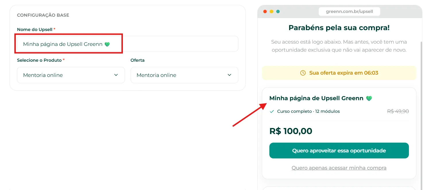 Campos de nome, produto e oferta do upsell