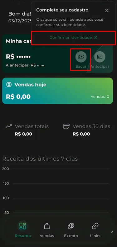 Tela inicial do aplicativo com Sacar e Confirmar identidade