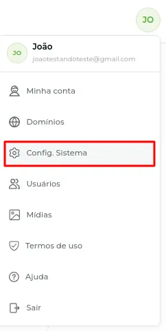 Menu direito com a opção Config. Sistema