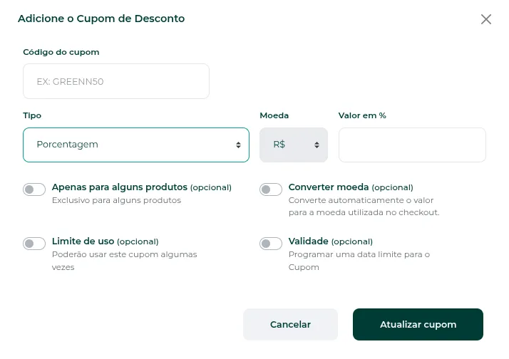 Formulário de criação de cupom