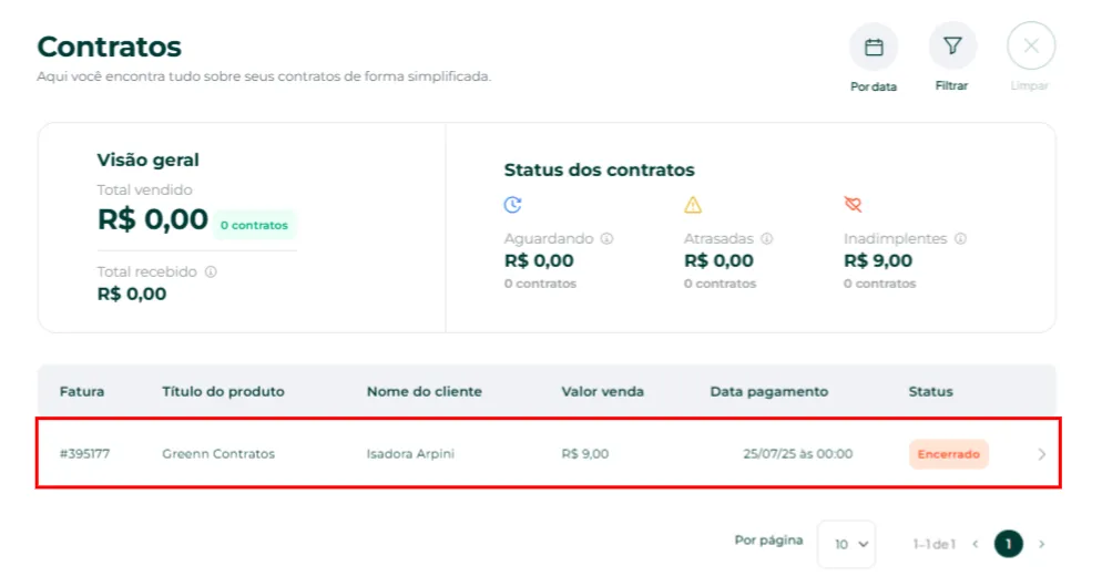 Contrato selecionado na lista