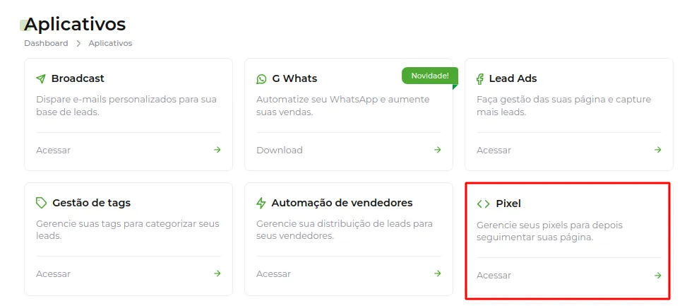 Tela da Greenn Sales: Agora clique em Pixels