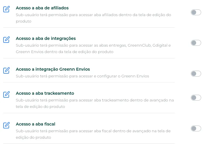 Lista de permissões disponíveis para sub-usuários, parte 4