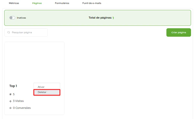Tela da Greenn Sales: Agora na aba de Inativos clique nos 3 pontinhos e Deletar e confirme