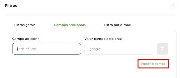 Botão Adicionar campo para filtrar vários campos