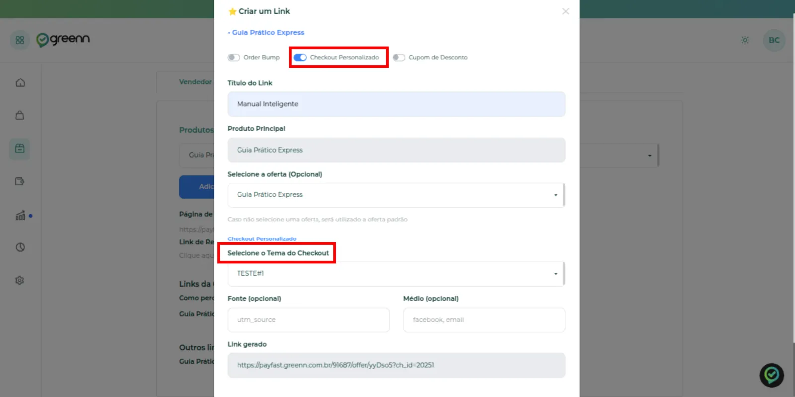 Formulário de novo link com a opção Checkout personalizado