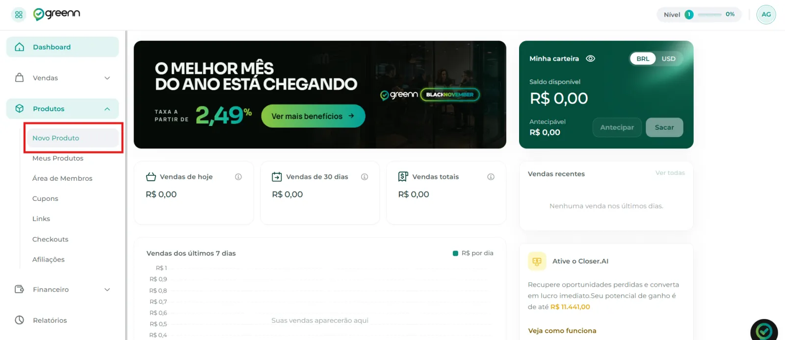 Menu Produtos com o botão Novo Produto