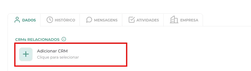 Tela da Greenn Sales: Para levá-lo para uma etapa do seu CRM clique em Adicionar CRM