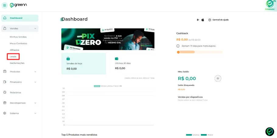 Menu Vendas com a opção Leads