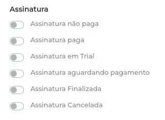 Lista de eventos de assinatura disponíveis ao criar uma integração