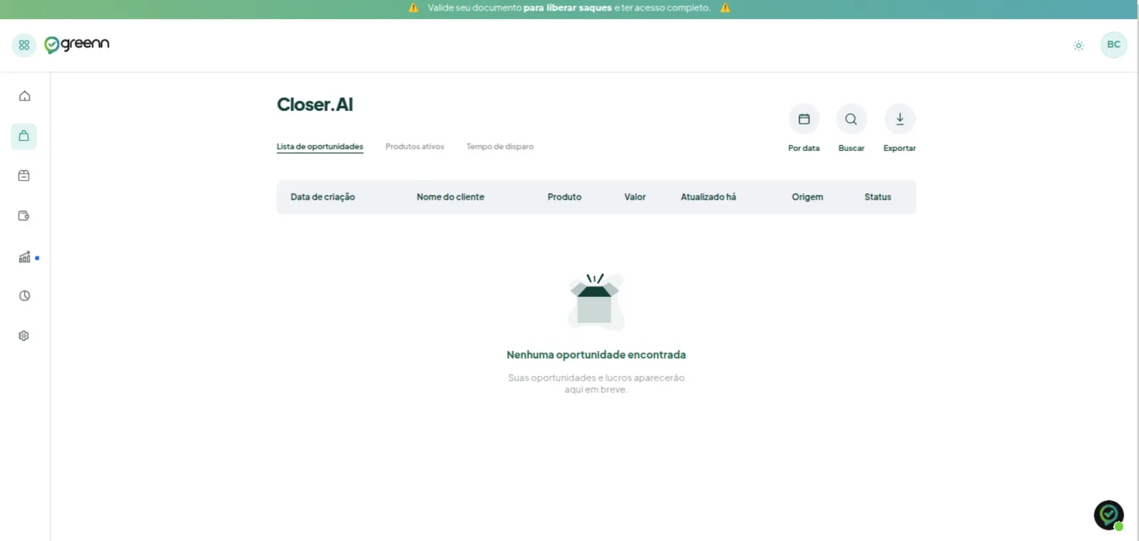 Aba Lista de Oportunidades do Closer.AI