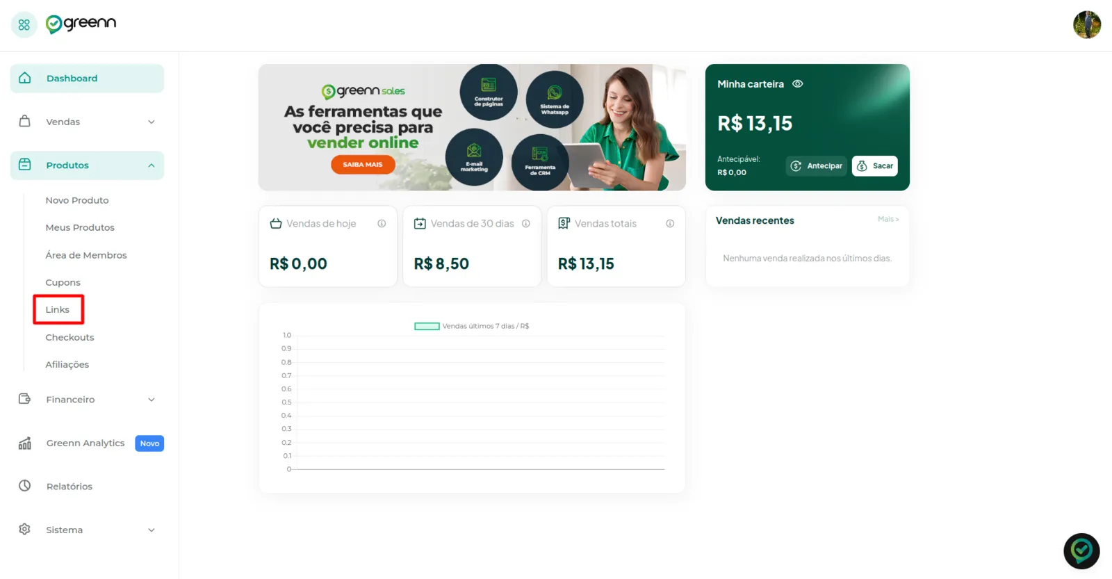 Menu Produtos com a opção Links