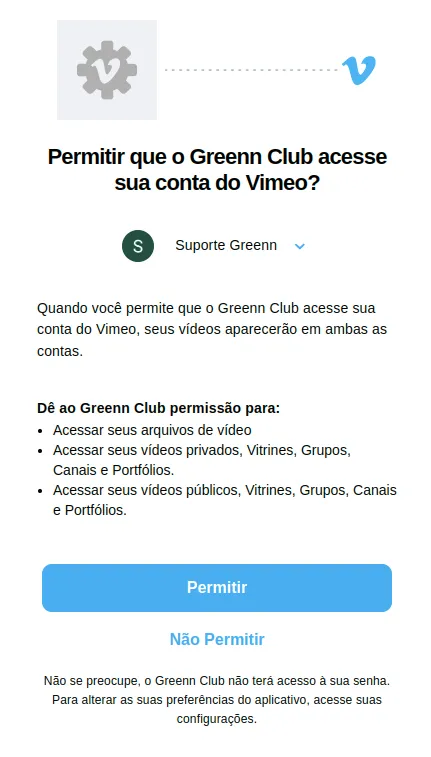 Tela do Vimeo pedindo as permissões de acesso