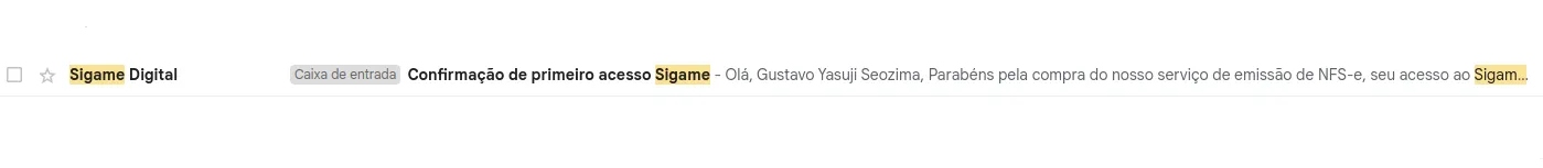 E-mail do Sigame com a senha de acesso
