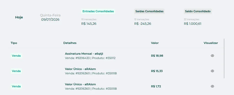 Extrato filtrado por entradas consolidadas e previstas