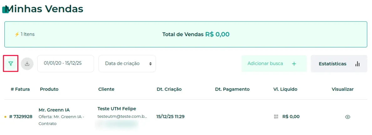 Aba Filtro na tela de vendas