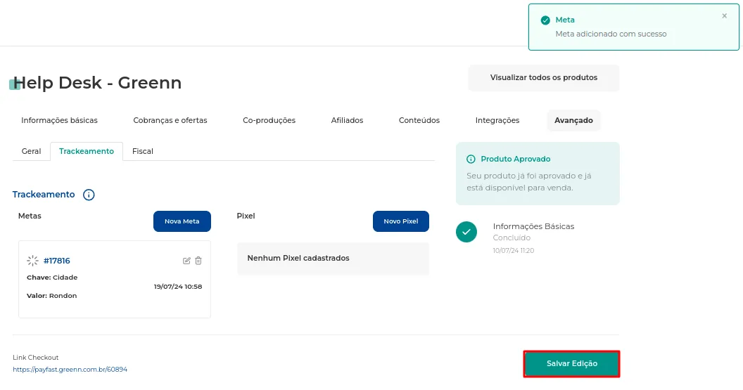 Meta criada e disponível na lista