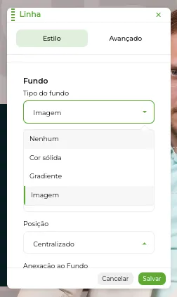 Tela do passo: Pode ser inserido um fundo como Imagem, Cor sólida e Gradiente