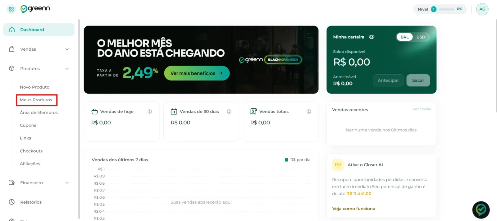 Aba Meus Produtos com a lista de produtos