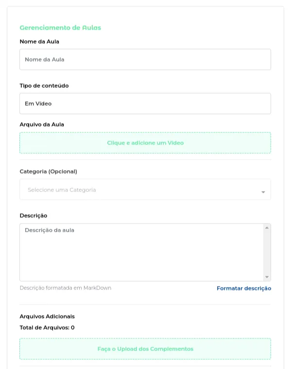 Tela de edição da aula com todas as informações