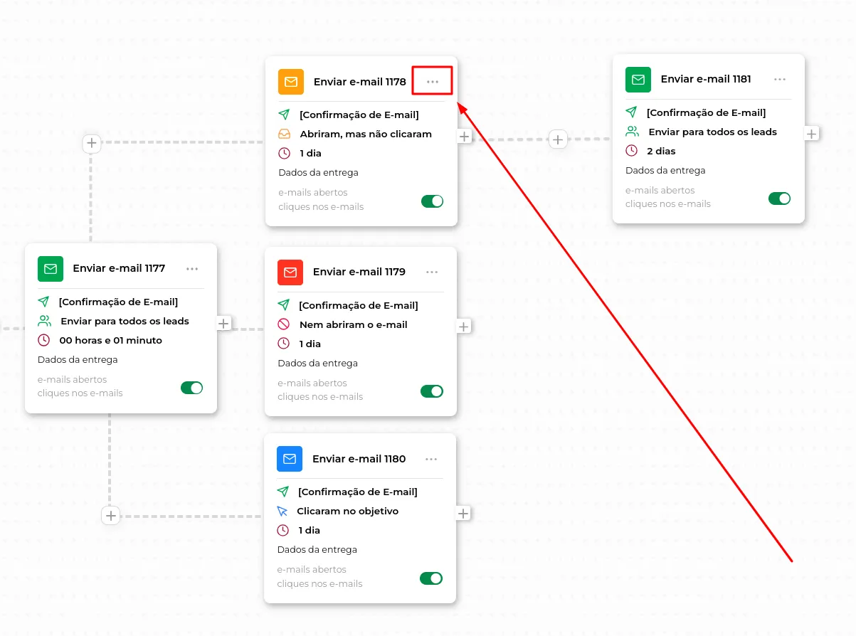 Tela do passo: Remover um E-mail da sua sequência é de fato muito simples, basta você clicar nesses 3 pontos