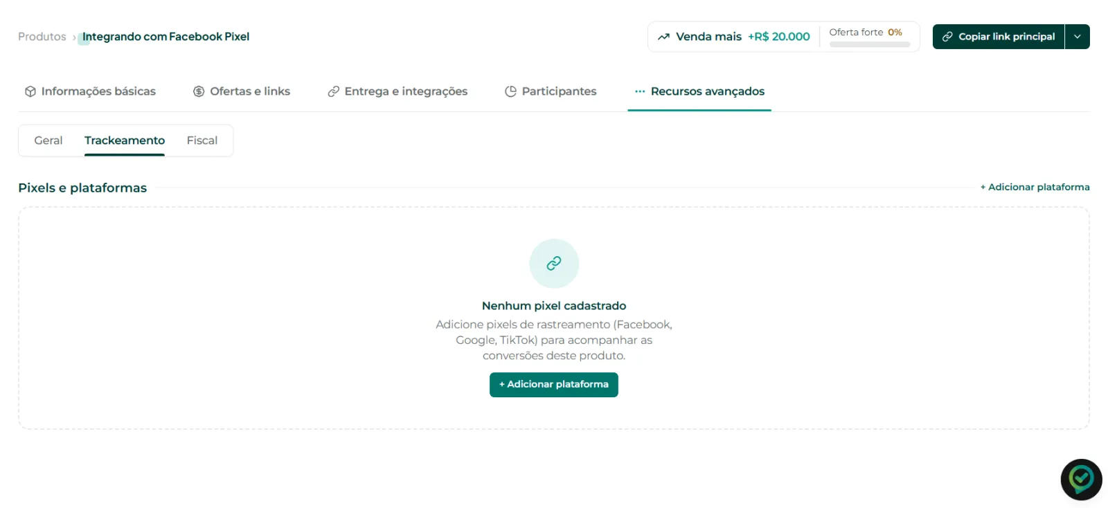 Botão Adicionar plataforma na tela de Trackeamento