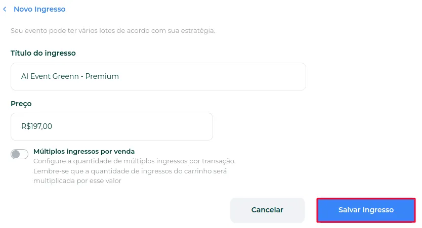 Botão Salvar Ingresso