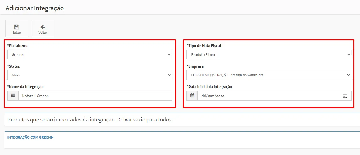 Tela de configuração da integração no Notazz