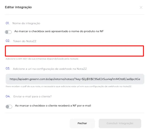 Campo para o Token do Notazz