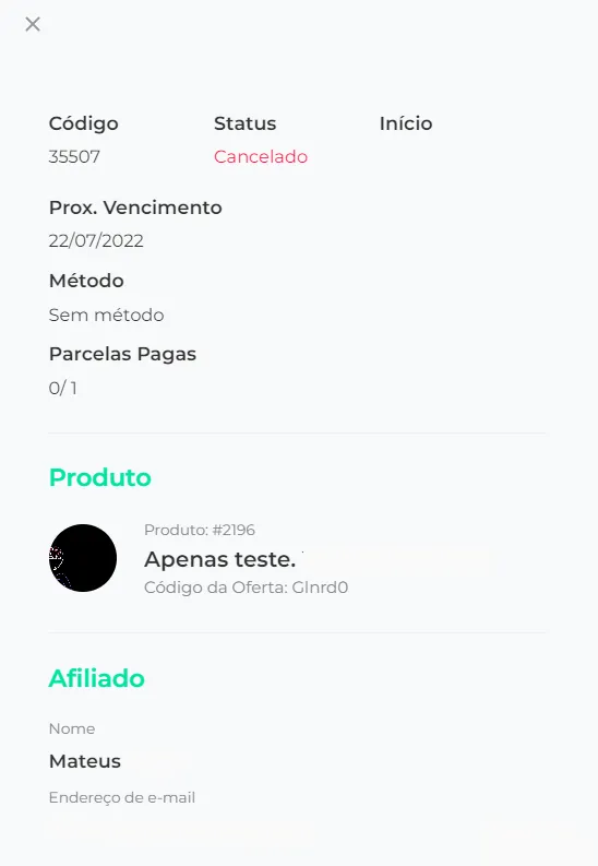 Detalhes da assinatura com as ações Encerrar e Atualizar