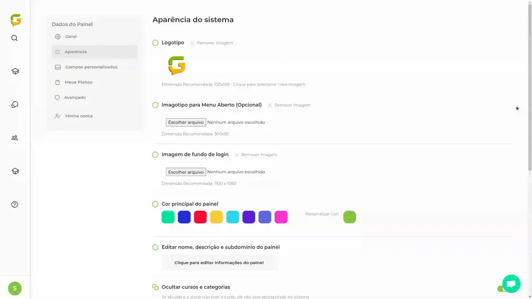 Gravação rolando até a opção Listar Cursos Fora da Categoria