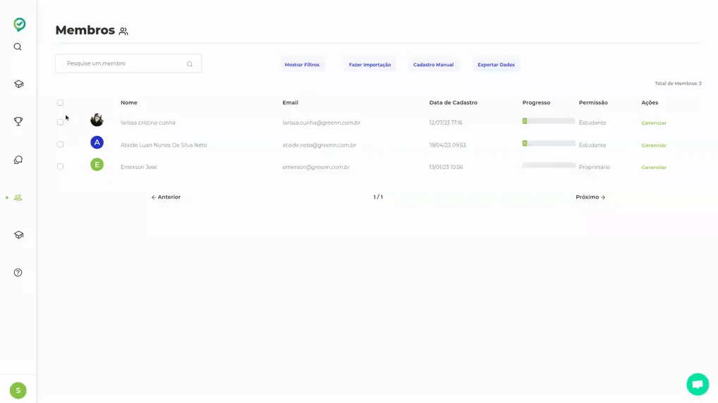 Gravação selecionando alunos e clicando em gerenciar