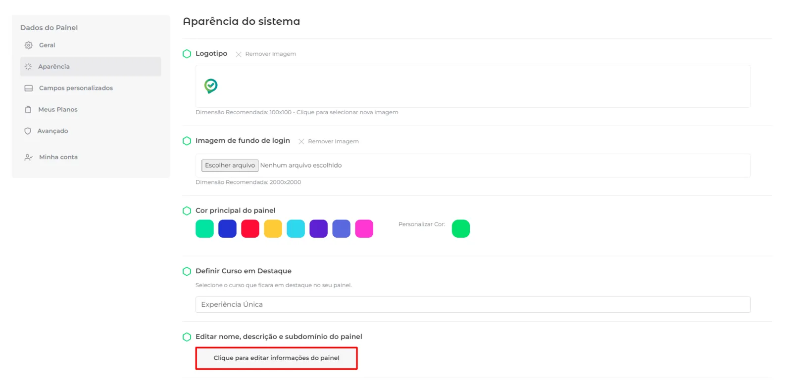 Opção Editar nome, descrição e subdomínio do painel