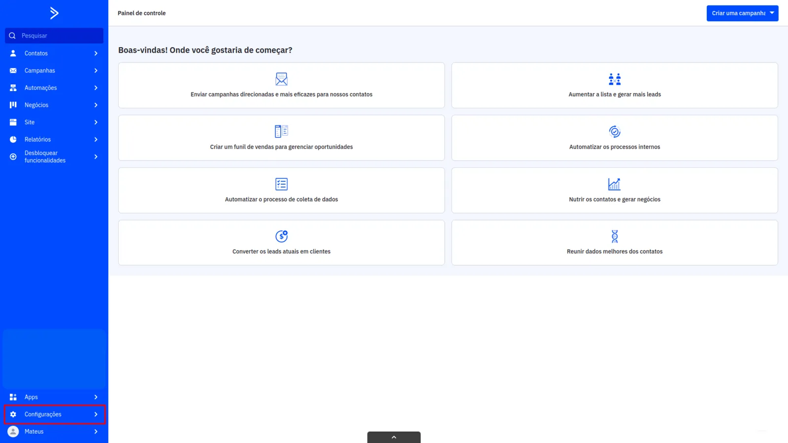 Menu Configurações da ActiveCampaign