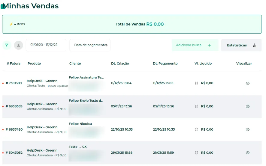 Lista de vendas filtrada