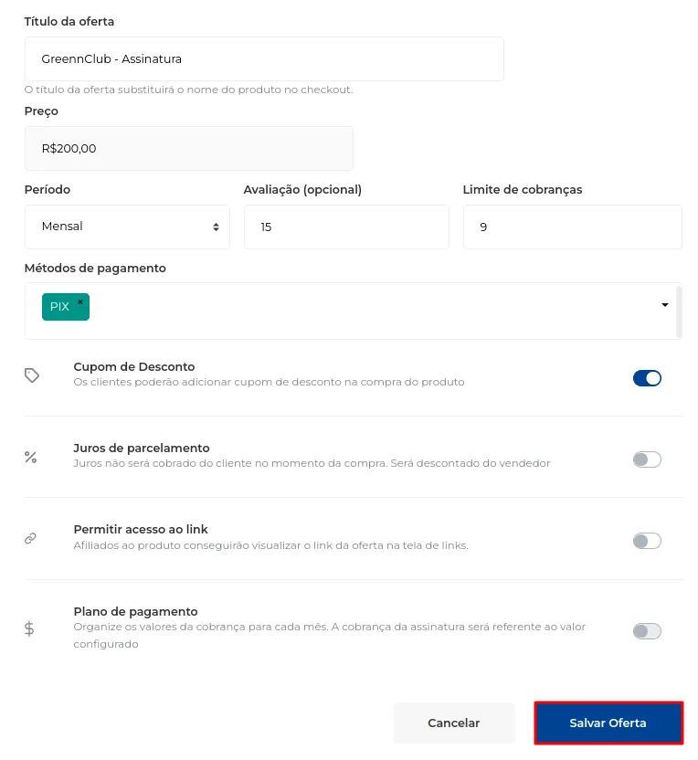 Botão para salvar a oferta