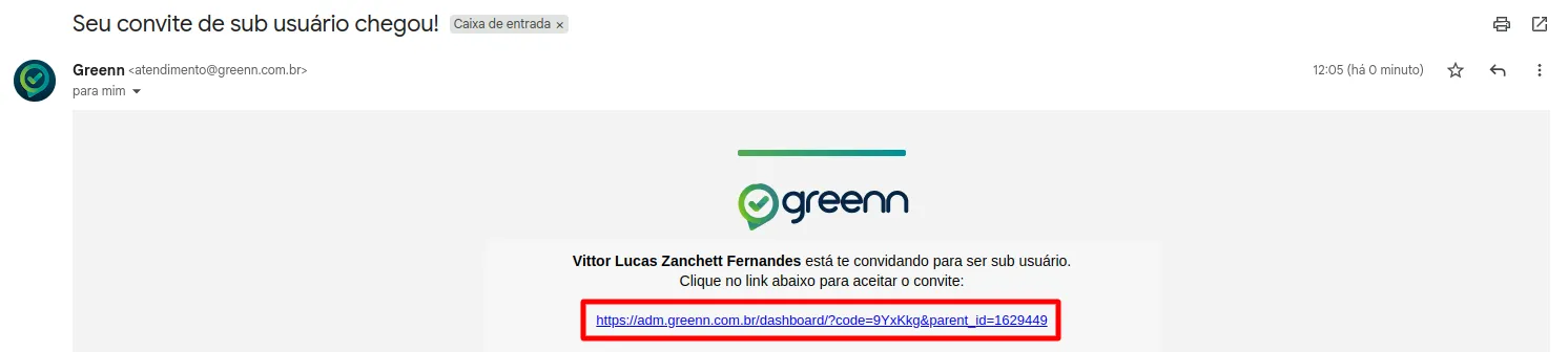 E-mail de convite com o link do convite