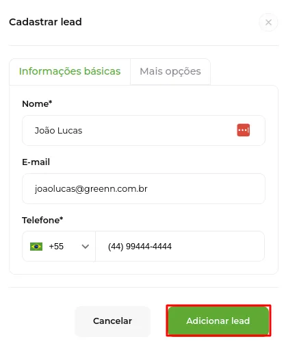 Tela do passo: Após adicionar todos os dados, basta clicar em Adicionar Lead