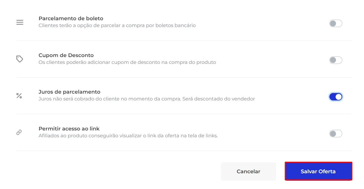Botão para salvar a oferta