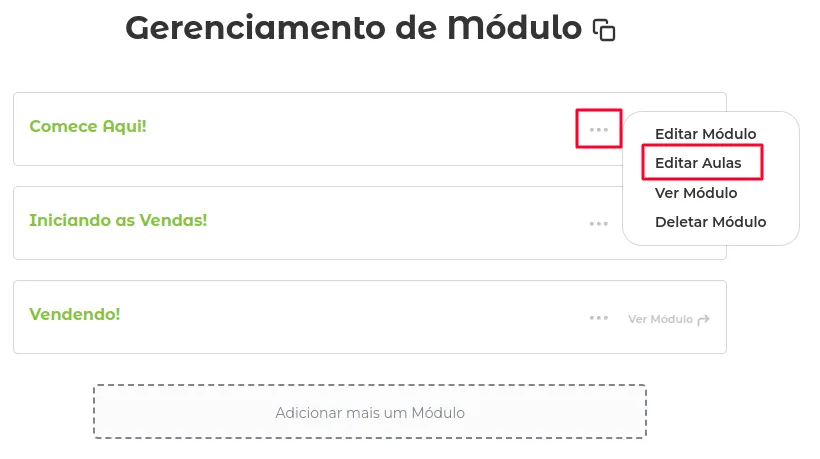 Módulo com o botão Editar Aula