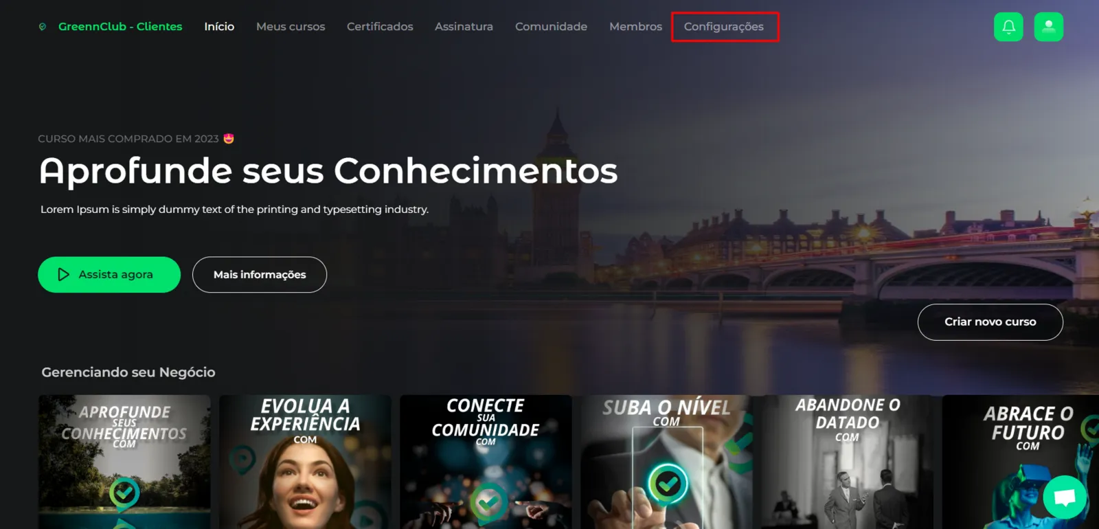 Menu do painel com Configurações