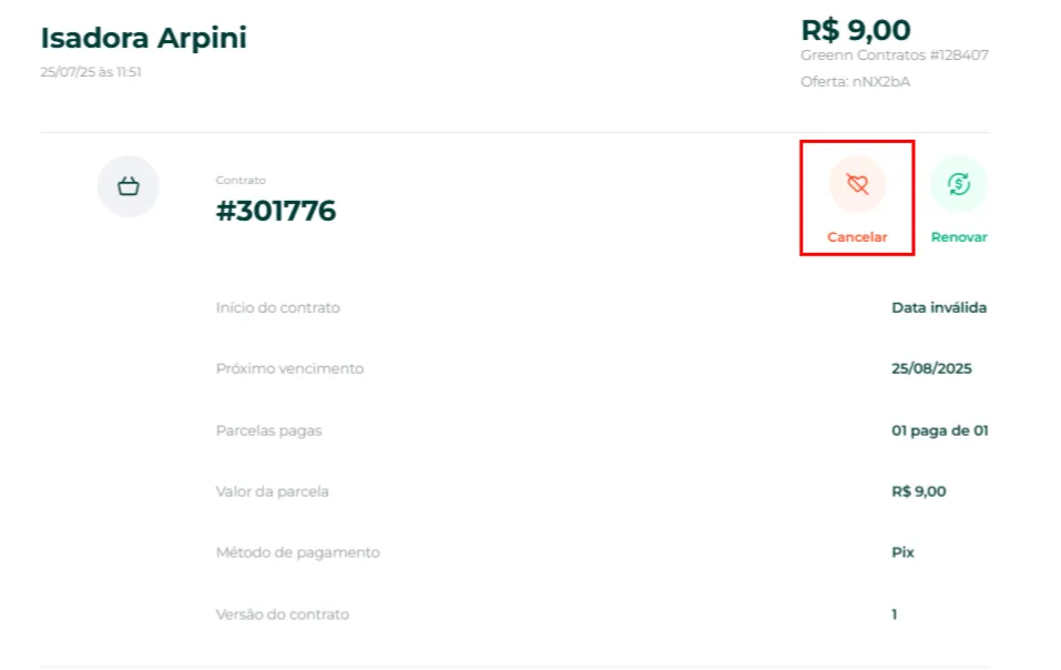 Tela do contrato com o botão Cancelar