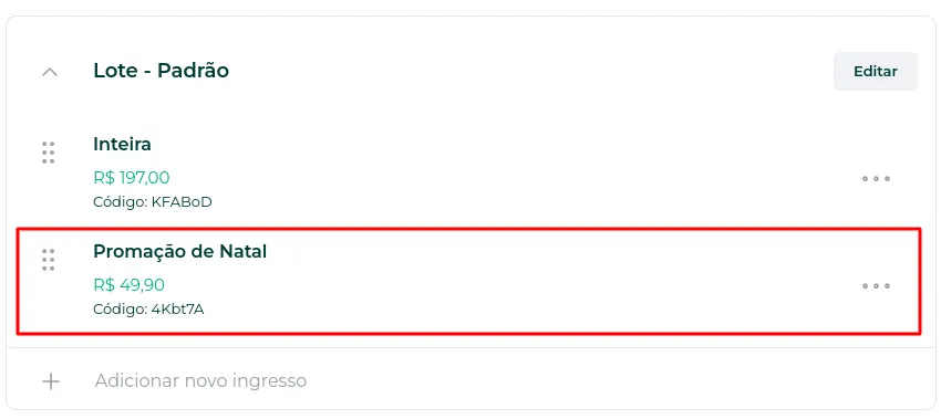 Ingresso novo na lista do lote