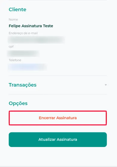 Tela da assinatura com o botão Encerrar Assinatura