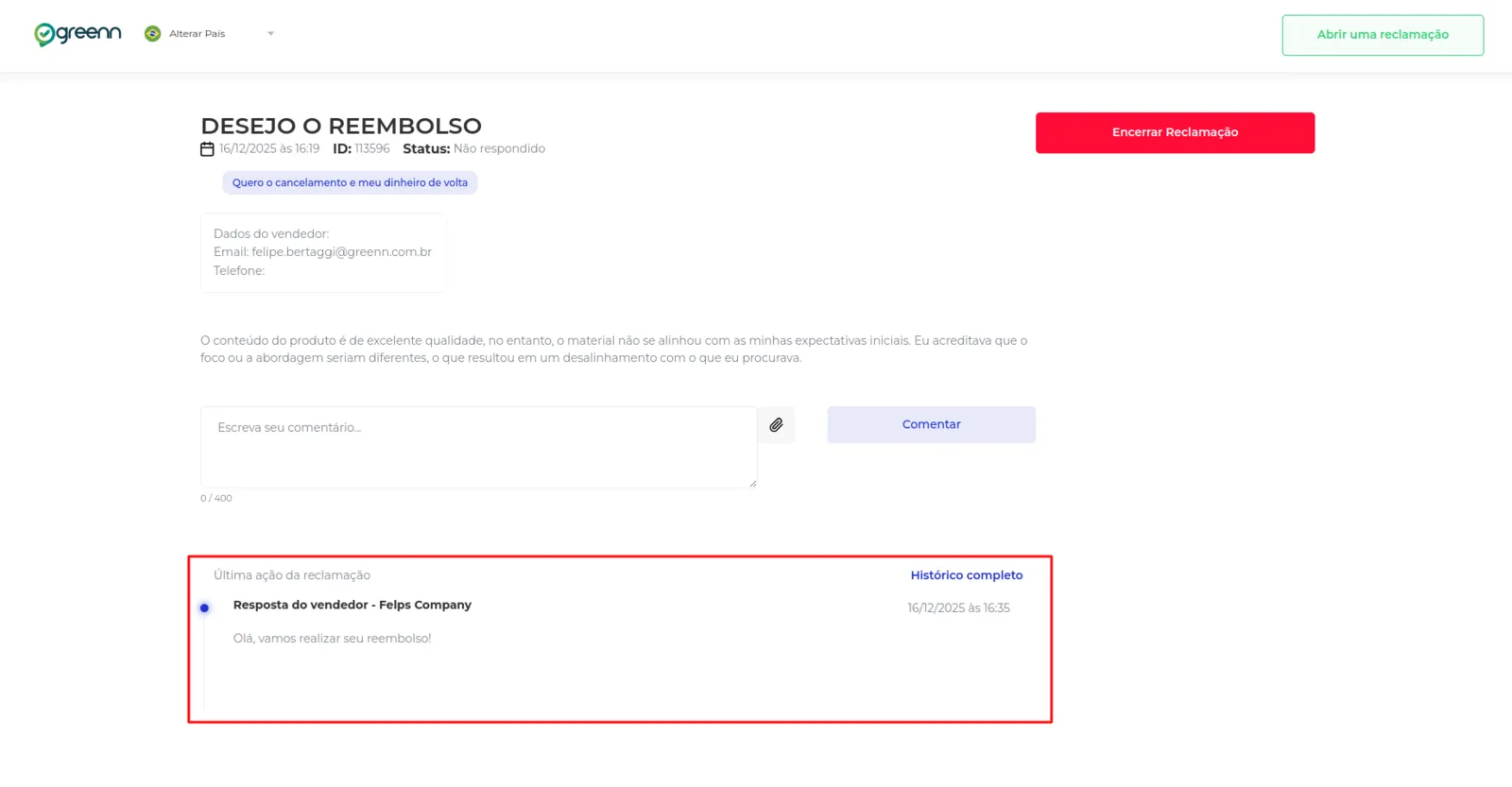 Detalhe do e-mail de atualização da reclamação