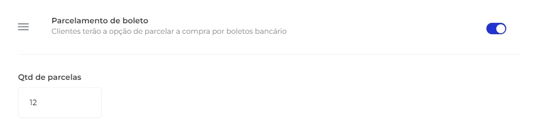 Seletor de parcelas do boleto, de 2x a 12x