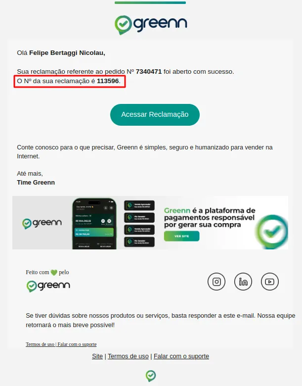 Exemplo do e-mail de abertura com o número da reclamação destacado